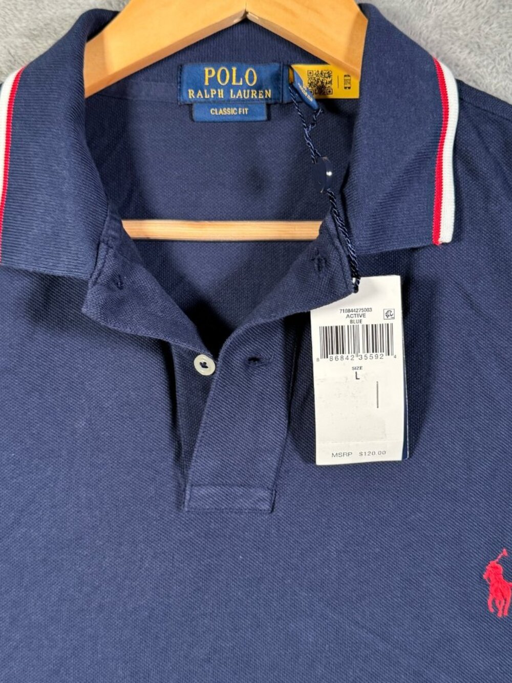 Polo Ralph Lauren Shirt Mens L Blue Classic Fit Pique Short Sleeve Tipped $120